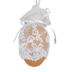 Akasztós tojás, csipkével, bézs, 4,5x6 cm