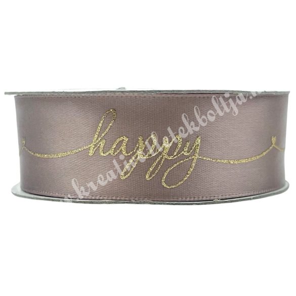 Szatén szalag, happy felirattal, rosegold, 2,5 cm