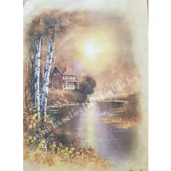 Rizspapír, őszi ház, tóval