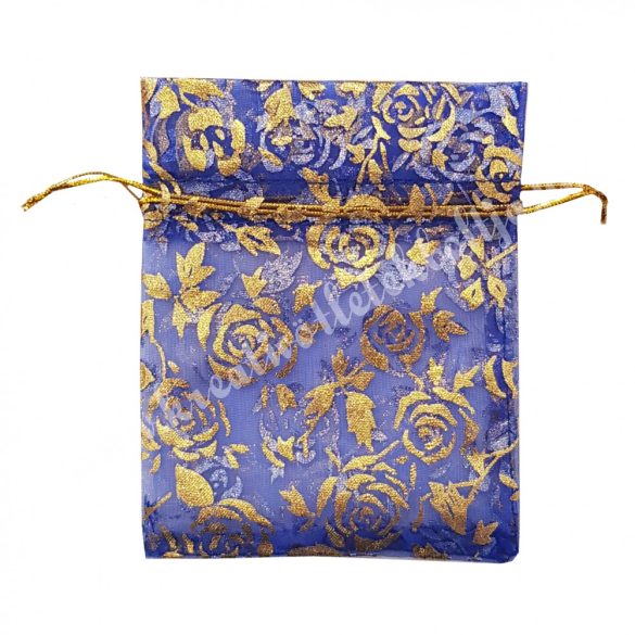 Organzatasak, rózsamintás, kék, arany, 10x12 cm