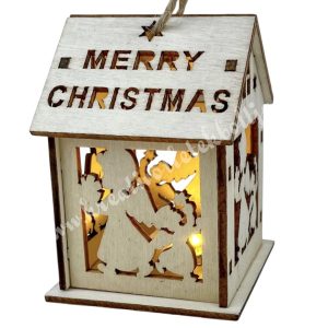 LED-es fa házikó, angyalokkal, 5x7 cm