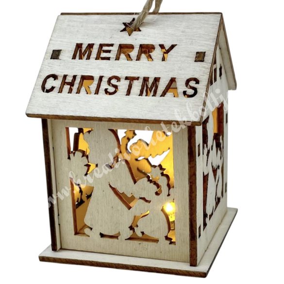 LED-es fa házikó, angyalokkal, 5x7 cm