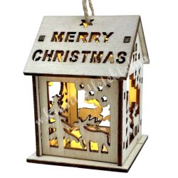 LED-es fa házikó, szarvassal, 5x7 cm