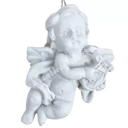 Akasztós polyresin angyal hárfával, fehér, 4x5 cm 
