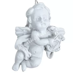 Akasztós polyresin angyal hárfával, fehér, 4x5 cm 