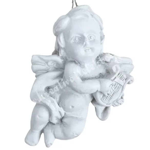 Akasztós polyresin angyal hárfával, fehér, 4x5 cm 