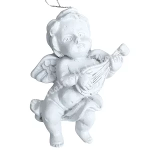 Akasztós polyresin angyal lanttal, fehér, 4x5,3 cm 