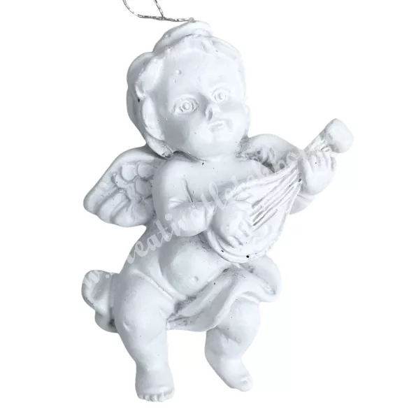 Akasztós polyresin angyal lanttal, fehér, 4x5,3 cm 