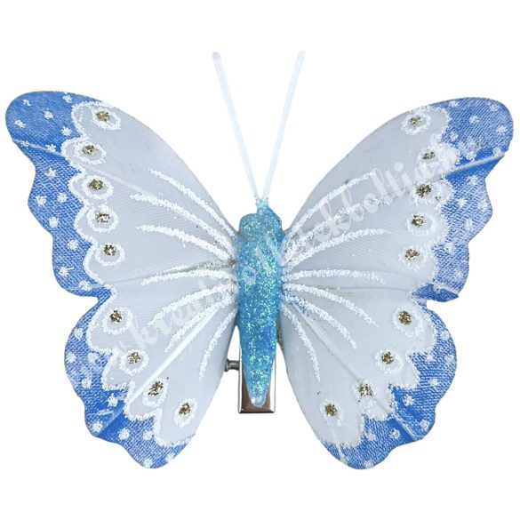 Csipeszes pillangó, csillámos, kék, 8x6 cm