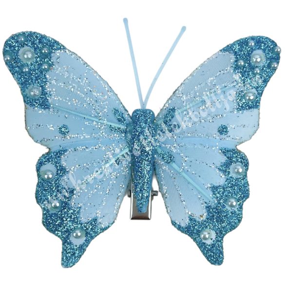 Csipeszes pillangó, csillámos, kék, 7,6x6,5 cm
