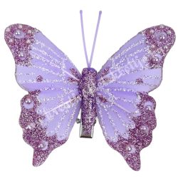 Csipeszes pillangó, csillámos, lila, 7,6x6,5 cm