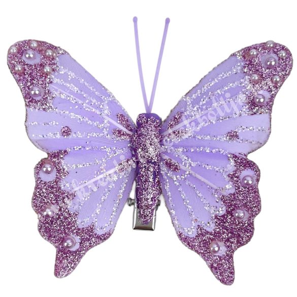 Csipeszes pillangó, csillámos, lila, 7,6x6,5 cm