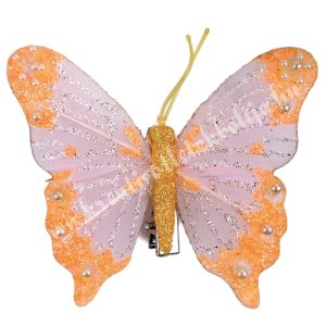 Csipeszes pillangó, csillámos, narancs, 7,6x6,5 cm