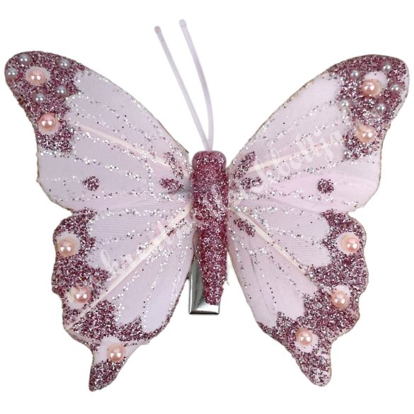 Csipeszes pillangó, csillámos, rózsaszín, 7,6x6,5 cm