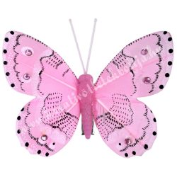 Csipeszes pillangó strasszal, rózsaszín, 7,6x6,5 cm