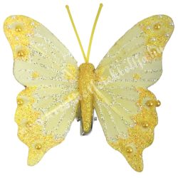 Csipeszes pillangó, csillámos, sárga, 7,6x6,5 cm