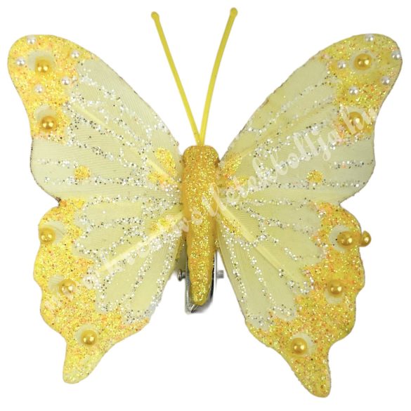 Csipeszes pillangó, csillámos, sárga, 7,6x6,5 cm
