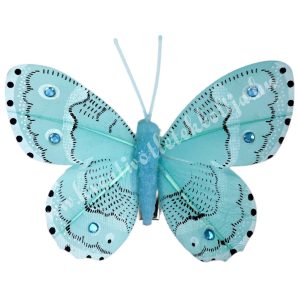 Csipeszes pillangó strasszal, türkiz, 7,6x6,5 cm