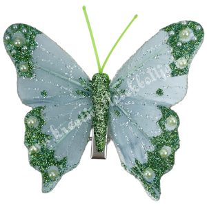 Csipeszes pillangó, csillámos, zöld, 7,6x6,5 cm