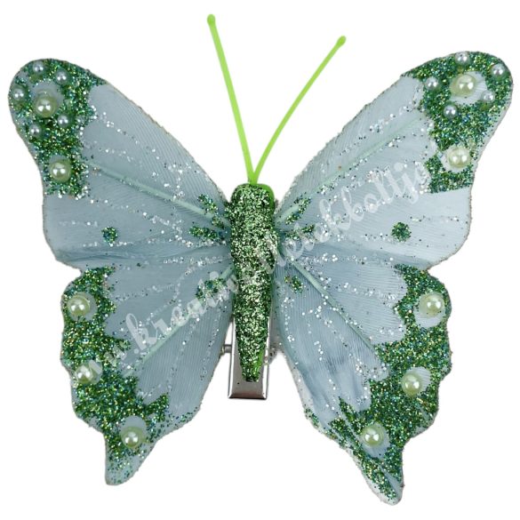 Csipeszes pillangó, csillámos, zöld, 7,6x6,5 cm