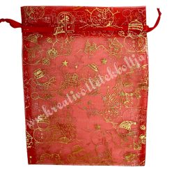 Organzatasak hóemberrel és fenyővel, piros, 17x22,5 cm