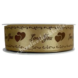 Szaténszalag, Love you felirattal, arany, 25 mm