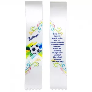 Ballagó szalag, focilabdával, fehér, "Ballagás" felirattal, 6 cm