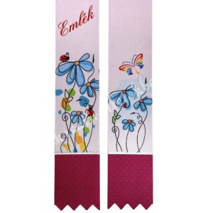 Ballagó szalag, virággal, katicákkal, "Emlék" felirattal, 4 cm