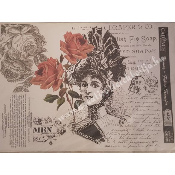 Textiltranszfer, vintage, hölgy rózsákkal, 25x35 cm