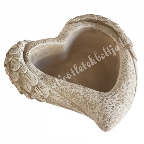 Kőkaspó, szív angyalszárnnyal, 17x17 cm