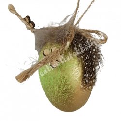 Akasztós tojás madártollal, metál arany-zöld, 3x4,5 cm