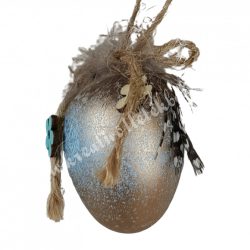 Akasztós tojás madártollal, metál arany-kék, 3x4,5 cm