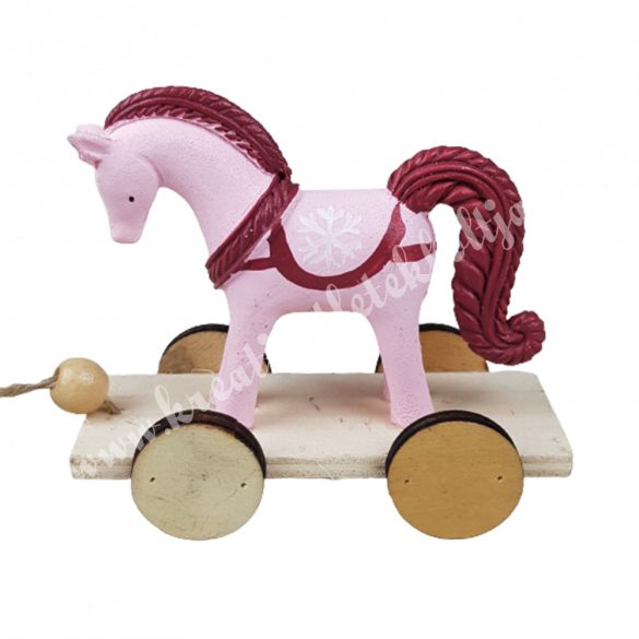 Polyresin ló, fa kocsin, rózsaszín, 8,5x7,5 cm