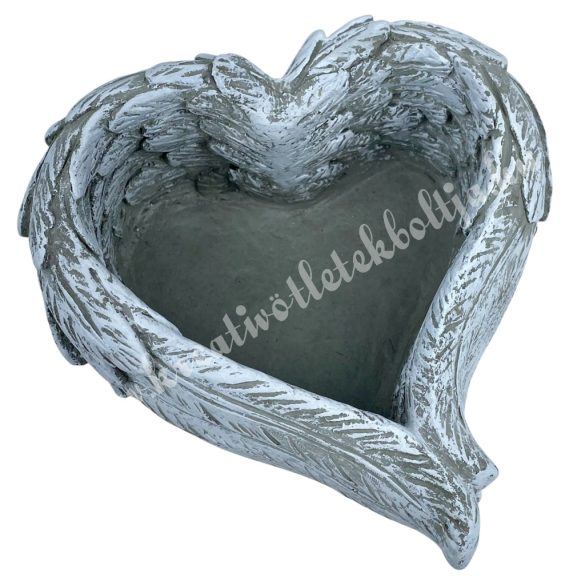 Kőkaspó, szív angyalszárnnyal, 12,5x14 cm