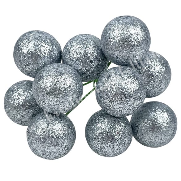 Betűzős csillámos hungarocell golyó, ezüst, 2 cm, 10 db/csokor