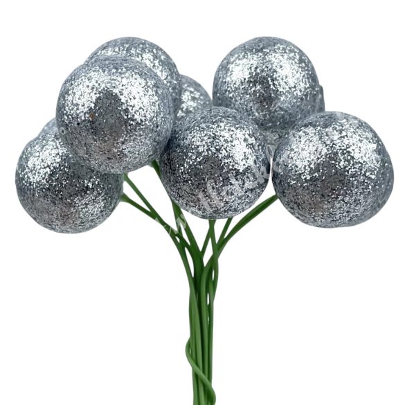 Betűzős csillámos hungarocell golyó, ezüst, 2 cm, 10 db/csokor