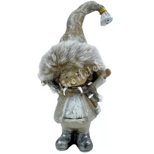 Polyresin kisfiú szőrmés sapkában, cukorpálcával, 6,5x13 cm